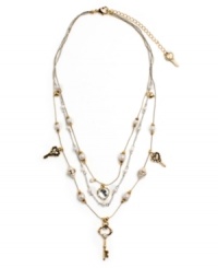 Simple and sweet. A dainty three-layer illusion necklace by Betsey Johnson features delicate chains decorated with acrylic pearls, crystal keys, and heart charms. Crafted in silver and gold tone mixed metal. Approximate length: 16 inches + 3-inch extender. Approximate drop: 3 inches. Simple and sweet. A dainty three-layer illusion necklace by Betsey Johnson features delicate chains decorated with acrylic pearls, crystal keys, and heart charms. Crafted in silver and gold tone mixed metal. Approximate length: 16 inches + 3-inch extender. Approximate drop: 3 inches.