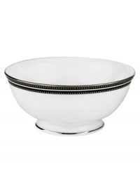 In the hands of kate spade, black and white is anything but basic. Dancing ebony stitched stripes provide a stunning contrast to the pristine china of the Union Street fruit bowl (shown back). In the hands of kate spade, black and white is anything but basic. Dancing ebony stitched stripes provide a stunning contrast to the pristine china of the Union Street fruit bowl (shown back).