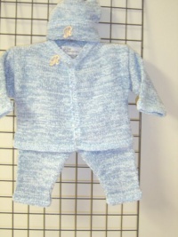 Cpk44, Knitted on Hand Knitting Machine Then Finished By Hand Crochet Infant Boys Outfit, Containing Blue Chenille with Denim Cotton Tweed Cardigan Sweater, Hat Set Trimmed with Monogram Letter Cpk44, Knitted on Hand Knitting Machine Then Finished By Hand Crochet Infant Boys Outfit, Containing Blue Chenille with Denim Cotton Tweed Cardigan Sweater, Hat Set Trimmed with Monogram Letter