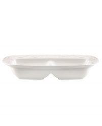 With an elegant white-on-white pattern featuring an embossed vine motif and radiant glaze, the Opal Innocence Carved divided server gets your table set for refined dining every day. With an elegant white-on-white pattern featuring an embossed vine motif and radiant glaze, the Opal Innocence Carved divided server gets your table set for refined dining every day.