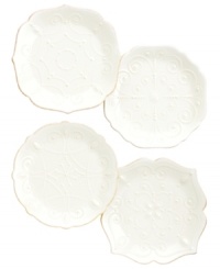 With fanciful beading and feminine edges, Lenox French Perle plates have an irresistibly old-fashioned sensibility. Hardwearing stoneware is dishwasher safe and, in a soft white hue with antiqued trim, a graceful addition to any meal. With fanciful beading and feminine edges, Lenox French Perle plates have an irresistibly old-fashioned sensibility. Hardwearing stoneware is dishwasher safe and, in a soft white hue with antiqued trim, a graceful addition to any meal.