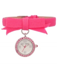 You'll love the vibrant color and unique styling of this Betsey Johnson watch. With a crystal-accented dial that dangles from a grosgrain strap, everyday you wear it will be a present. You'll love the vibrant color and unique styling of this Betsey Johnson watch. With a crystal-accented dial that dangles from a grosgrain strap, everyday you wear it will be a present.