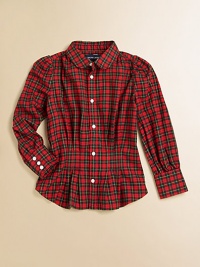 Crafted from ultra-soft brushed cotton, an adorable plaid shirt is given a girly update with pintuck detailing.Club collarLong sleeves with buttoned barrel cuffsButton-frontGathered and pintucked waistShirttail hemCottonMachine washImported Please note: Number of buttons may vary depending on size ordered. Crafted from ultra-soft brushed cotton, an adorable plaid shirt is given a girly update with pintuck detailing.Club collarLong sleeves with buttoned barrel cuffsButton-frontGathered and pintucked waistShirttail hemCottonMachine washImported Please note: Number of buttons may vary depending on size ordered.