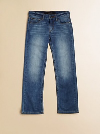Modern faded basics with whiskering for dimension, five-pocket styling, a straight-leg silhouette and a little stretch for a comfy fit.Front button closureWaistband with belt loopsZip flyFive-pocket style98% cotton/2% spandexMachine washImported Modern faded basics with whiskering for dimension, five-pocket styling, a straight-leg silhouette and a little stretch for a comfy fit.Front button closureWaistband with belt loopsZip flyFive-pocket style98% cotton/2% spandexMachine washImported