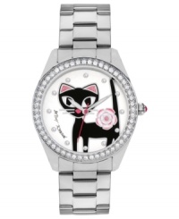 Meow-worthy fashion from Betsey Johnson. This classic watch gets added sass with crystal accents and a darling cat graphic. Meow-worthy fashion from Betsey Johnson. This classic watch gets added sass with crystal accents and a darling cat graphic.