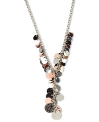 Shake it up! This colorful metallic necklace by Nine West features clusters of discs in gold tone, rose-gold tone and hematite tone mixed metal. Approximate length: 16 inches + 2-inch extender. Approximate drop: 2-1/2 inches. Shake it up! This colorful metallic necklace by Nine West features clusters of discs in gold tone, rose-gold tone and hematite tone mixed metal. Approximate length: 16 inches + 2-inch extender. Approximate drop: 2-1/2 inches.