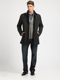 Rich techno outerwear jacket, perfect for everyday wear, features a stand collar with knit trim, a rear waistband and an array of pockets for maximum versatility.Button-frontStand collarShoulder epaulettesZippered chest, waist slash pocketsRear ventAbout 32 from shoulder to hemLining: wool/viscosePolyesterDry cleanImported Rich techno outerwear jacket, perfect for everyday wear, features a stand collar with knit trim, a rear waistband and an array of pockets for maximum versatility.Button-frontStand collarShoulder epaulettesZippered chest, waist slash pocketsRear ventAbout 32 from shoulder to hemLining: wool/viscosePolyesterDry cleanImported