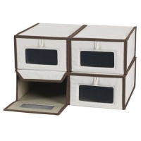 Household Essentials Set of Four Small Shoe Storage Boxes, Natural Canvas with Brown Trim Household Essentials Set of Four Small Shoe Storage Boxes, Natural Canvas with Brown Trim