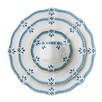 Though Grenville's geometric shapes and studs, set in a narrow border, lend the pattern a modern feel, the stylish leaf and flower elements closely follow classic Derby tradition. Though Grenville's geometric shapes and studs, set in a narrow border, lend the pattern a modern feel, the stylish leaf and flower elements closely follow classic Derby tradition.