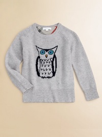 Knit right into this luxurious cashmere pullover is a wise owl with big blue eyes that gaze intently.Ribbed crewneckLong raglan sleeves with ribbed cuffsRibbed hemCashmereDry cleanImported