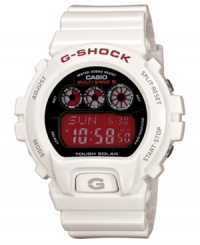 Hit the slopes or the surf with this bright watch watch by G-Shock. White resin strap and round case with red logo embossed at bezel. Black dial with red negative display digital dial features shock resistance, multi-band atomic timekeeping, stop watch, world time, four daily alarms & one snooze alarm, countdown timer, mute function and 12/24-hour formats. Quartz movement. Water resistant to 200 meters. One-year limited warranty. Hit the slopes or the surf with this bright watch watch by G-Shock. White resin strap and round case with red logo embossed at bezel. Black dial with red negative display digital dial features shock resistance, multi-band atomic timekeeping, stop watch, world time, four daily alarms & one snooze alarm, countdown timer, mute function and 12/24-hour formats. Quartz movement. Water resistant to 200 meters. One-year limited warranty.