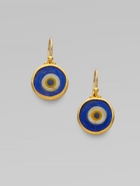 From the Evil Eye Collection. An evil eye, richly framed in 24k gold, wards off negativity while looking divine.24k yellow gold Glass length, about 1 Diameter, about ½ Ear wire Imported