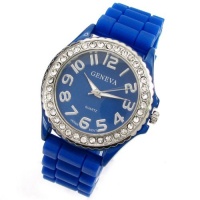 Royal Blue Geneva Silicone Ceramic Style Wrist Watch Surrounded with Silver Trim and Sparkly Rhinestones Royal Blue Geneva Silicone Ceramic Style Wrist Watch Surrounded with Silver Trim and Sparkly Rhinestones