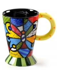 A work of art, the vividly hued, wildly patterned Butterfly latte mug showcases the one-of-a-kind style of world-renowned Brazilian artist Romero Britto. A work of art, the vividly hued, wildly patterned Butterfly latte mug showcases the one-of-a-kind style of world-renowned Brazilian artist Romero Britto.