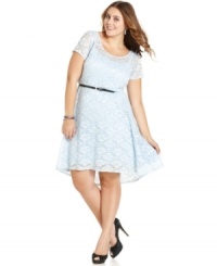 Land an ultra-feminine look with Ruby Rox's lace plus size dress, accented by a belted waist.