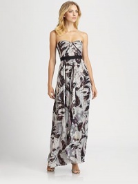 This strapless silhouette is printed with a bold abstract pattern, and shot through with metallic thread.Strapless sweetheart necklineGathered bodiceBanded waistConcealed back zipAbout 45 from natural waistSilk/viscose/metallic fiberDry cleanImportedModel shown is 5'10 (177cm) wearing US size 4. This strapless silhouette is printed with a bold abstract pattern, and shot through with metallic thread.Strapless sweetheart necklineGathered bodiceBanded waistConcealed back zipAbout 45 from natural waistSilk/viscose/metallic fiberDry cleanImportedModel shown is 5'10 (177cm) wearing US size 4.