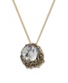 Modern glamour and luminous sparkle combine. Embellished in small Crystal Metallic Light Gold crystals, an exclusively-cut transparent centerpiece reflects the light magnificently. Swarovski pendant hangs from a gold tone mixed metal chain. Approximate length: 17 inches. Approximate drop: 1 inch.