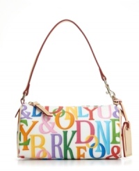 Color yourself fabulous! This classic mini barrel silhouette from Dooney & Bourke features a colorful signature print, solid trim and luggage tag at handle base. Color yourself fabulous! This classic mini barrel silhouette from Dooney & Bourke features a colorful signature print, solid trim and luggage tag at handle base.