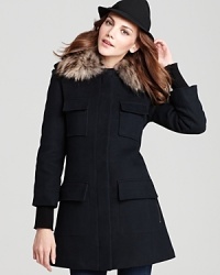 Luxe defined, this so-chic coat from SAM. boasts a wide plush fur collar and a blend of cashmere and wool artfully cut in a military-inspired silhouette. Luxe defined, this so-chic coat from SAM. boasts a wide plush fur collar and a blend of cashmere and wool artfully cut in a military-inspired silhouette.