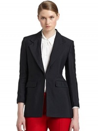 THE LOOKPadded shouldersNotched lapelConcealed hook-and-eye closureDual flap pocketsBack tailored seamsTHE FITAbout 26 from waist to hemTHE MATERIAL99% viscose/1% silkSecond fabric: silkFully linedCARE & ORIGINDry cleanMade in ItalyModel shown is 5'10 (177cm) wearing US size 4. THE LOOKPadded shouldersNotched lapelConcealed hook-and-eye closureDual flap pocketsBack tailored seamsTHE FITAbout 26 from waist to hemTHE MATERIAL99% viscose/1% silkSecond fabric: silkFully linedCARE & ORIGINDry cleanMade in ItalyModel shown is 5'10 (177cm) wearing US size 4.
