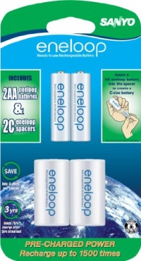 Sanyo NEW 1500 eneloop 2-AA Ni-MH Pre-Charged Rechargeable Batteries with C Spacer Sanyo NEW 1500 eneloop 2-AA Ni-MH Pre-Charged Rechargeable Batteries with C Spacer