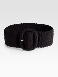 A wide woven belt made from soft fabrication that flawlessly defines the body.About 3 widePolyester/elastaneImported