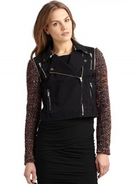 THE LOOKConvertible design from jacket to vestZip-off textured leather collarZip-off contrast long zip cuff sleevesOffset from zip closureSnap collar and front closureFront zip pocketsTHE FITAbout 18 from shoulder to hemTHE MATERIAL98% cotton/2% spandexCollar: leatherSleeves: 34% polyamide/32% wool/31% polyester/3% metallic fibersCARE & ORIGINDry clean by leather professionalImportedModel shown is 5'10 (177cm) wearing US size THE LOOKConvertible design from jacket to vestZip-off textured leather collarZip-off contrast long zip cuff sleevesOffset from zip closureSnap collar and front closureFront zip pocketsTHE FITAbout 18 from shoulder to hemTHE MATERIAL98% cotton/2% spandexCollar: leatherSleeves: 34% polyamide/32% wool/31% polyester/3% metallic fibersCARE & ORIGINDry clean by leather professionalImportedModel shown is 5'10 (177cm) wearing US size