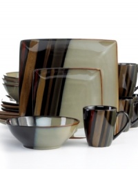 Reactive glaze intensifies black and clay-colored streaks on stoneware for a dinnerware set that's dramatic yet down to earth. Simple round and square forms dressed in neutral shades offer an appealing compromise for diners who prefer modern and classic styles. From Sango's collection of dinnerware and dishes. Reactive glaze intensifies black and clay-colored streaks on stoneware for a dinnerware set that's dramatic yet down to earth. Simple round and square forms dressed in neutral shades offer an appealing compromise for diners who prefer modern and classic styles. From Sango's collection of dinnerware and dishes.