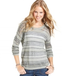 A striped sweater that shines. Say What?'s long sleeve metallic-flecked pullover is cozy and casual, with a shot of pizzazz. A striped sweater that shines. Say What?'s long sleeve metallic-flecked pullover is cozy and casual, with a shot of pizzazz.