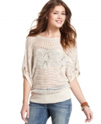 Keep your style hot during the nippy seasons! With its open-knit design and slouchy-cool fit, Say What?'s three-quarter sleeve sweater is the ultimate in chic layers. Keep your style hot during the nippy seasons! With its open-knit design and slouchy-cool fit, Say What?'s three-quarter sleeve sweater is the ultimate in chic layers.