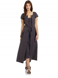 THE LOOKRound necklineShort cuffed sleevesOpen frontDrawstring tie waistFront patch pocketsTonal tank dress underlayTHE FITAbout 54 from shoulder to hemTHE MATERIALCottonFully linedCARE & ORIGINHand washImportedModel shown is 5'9½ (176cm) wearing US size 4. THE LOOKRound necklineShort cuffed sleevesOpen frontDrawstring tie waistFront patch pocketsTonal tank dress underlayTHE FITAbout 54 from shoulder to hemTHE MATERIALCottonFully linedCARE & ORIGINHand washImportedModel shown is 5'9½ (176cm) wearing US size 4.