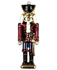 A charming symbol for the holiday, this nutcracker box pin from Jones New York adds festive fun to your look. Crafted in gold tone mixed metal. Approximate length: 2-1/4 inches. Include gift box. A charming symbol for the holiday, this nutcracker box pin from Jones New York adds festive fun to your look. Crafted in gold tone mixed metal. Approximate length: 2-1/4 inches. Include gift box.