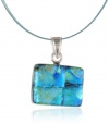 Sterling Silver Dichroic Glass Turquoise and Green Rectangular Pendant Necklace on Stainless Steel Wire, 18