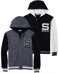 A fleece hoodie with the looks of a varsity letter jacket: Sean John zip front hooded sweatshirt with S and the Roman numerals for 1969, the year designer Sean Combs was born. A fleece hoodie with the looks of a varsity letter jacket: Sean John zip front hooded sweatshirt with S and the Roman numerals for 1969, the year designer Sean Combs was born.