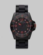 In basic black and vivid orange, a sporty watch that promises to make a statement.QuartzWater-resistant to 5 ATMRound case; 45mm (1.8)Black dial with orange aluminum detailsNumbers and markersDate display at 3 o'clockSecond handStainless steel with silicone wrap strapMade in Japan