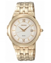 A luxurious pale goldtone and fine details distinguish this men's watch from Seiko. White round dial with textured center and date display. Quartz movement. Water resistant to 50 meters. Three-year limited warranty. A luxurious pale goldtone and fine details distinguish this men's watch from Seiko. White round dial with textured center and date display. Quartz movement. Water resistant to 50 meters. Three-year limited warranty.
