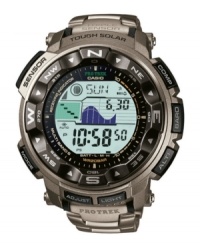 Never go unprepared with this durable and multifunctional Pathfinder watch from G-Shock. Crafted of silver tone titanium bracelet and round resin case. Shock-resistant, positive display digital dial features multi-band 6 atomic timekeeping, low temperature resistant, digital compass, altimeter, barometer, thermometer, auto duplex LCD light, auto EL backlight with afterglow, world time, tide and moon graph, flash alert, five daily alarms, countdown timer, stopwatch, power saving function and 12/24 hour formats. Quartz movement. Water resistant to 200 meters. One-year limited warranty. Solar-powered. Never go unprepared with this durable and multifunctional Pathfinder watch from G-Shock. Crafted of silver tone titanium bracelet and round resin case. Shock-resistant, positive display digital dial features multi-band 6 atomic timekeeping, low temperature resistant, digital compass, altimeter, barometer, thermometer, auto duplex LCD light, auto EL backlight with afterglow, world time, tide and moon graph, flash alert, five daily alarms, countdown timer, stopwatch, power saving function and 12/24 hour formats. Quartz movement. Water resistant to 200 meters. One-year limited warranty. Solar-powered.