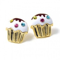 Juicy Inspired 1/2'' Flat Gold Cupcake Stud Earrings with Sparkling Rainbow Crystals Juicy Inspired 1/2'' Flat Gold Cupcake Stud Earrings with Sparkling Rainbow Crystals