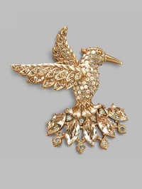 An absolutely stunning heirloom piece that flutters about the lapel or sweater, beautifully handcrafted in goldplated pewter with Swarovski crystal embellishment. Swarovski crystals Light antique goldplated pewter 2½ X 2¾ Pin backing Made in USA An absolutely stunning heirloom piece that flutters about the lapel or sweater, beautifully handcrafted in goldplated pewter with Swarovski crystal embellishment. Swarovski crystals Light antique goldplated pewter 2½ X 2¾ Pin backing Made in USA