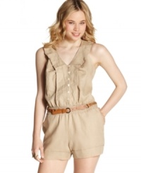 A collar of crisp pleats makes for a chic centerpiece on this romper from Sequin Hearts that allows you to strike out in safari style! A collar of crisp pleats makes for a chic centerpiece on this romper from Sequin Hearts that allows you to strike out in safari style!