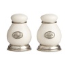 Fine vivid white ceramic is accented by hand with delicate pewter accents to create this graceful salt-and-pepper set from Arte Italica.