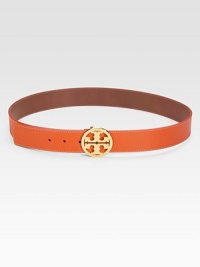 A saffiano leather style with an iconic, logo metal buckle. Width, about 2Made in USA A saffiano leather style with an iconic, logo metal buckle. Width, about 2Made in USA