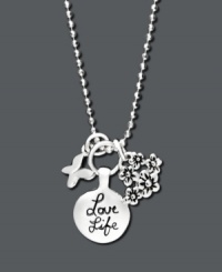 Remind yourself daily to live in the moment. A triple charm pendant features a butterfly, a bouquet of flowers, and a circular charm with the words Love Life. Crafted in sterling silver. Approximate length: 18 inches. Approximate drop: 3/4 inch. Remind yourself daily to live in the moment. A triple charm pendant features a butterfly, a bouquet of flowers, and a circular charm with the words Love Life. Crafted in sterling silver. Approximate length: 18 inches. Approximate drop: 3/4 inch.