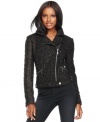 INC combines ladylike tweed with an edgy moto-inspired silhouette for a unique jacket that's sure to turn heads. Sequin-flecked boucle fabric adds shine and touchable texture.