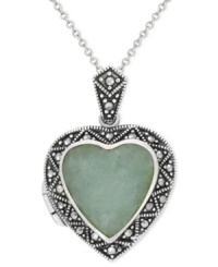 Something you're sure to love. This sterling silver necklace features a jade (6-1/4 ct. t.w.) and marcasite locket that's both stunning and chic. Approximate length: 18 inches. Approximate drop length: 1-1/8 inches. Approximate drop width: 3/4 inch. Jade: 14 x 15 mm. Something you're sure to love. This sterling silver necklace features a jade (6-1/4 ct. t.w.) and marcasite locket that's both stunning and chic. Approximate length: 18 inches. Approximate drop length: 1-1/8 inches. Approximate drop width: 3/4 inch. Jade: 14 x 15 mm.