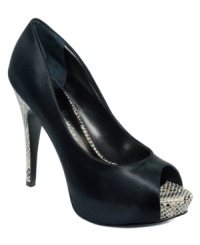 Textured heels and peek-a-boo platforms are a welcome detail on GUESS by Marciano's Kawa platform evening pumps. Making an already awesome satin shoe...that much cuter! Textured heels and peek-a-boo platforms are a welcome detail on GUESS by Marciano's Kawa platform evening pumps. Making an already awesome satin shoe...that much cuter!