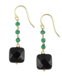 The perfect pop of color. Faceted black onyx stones (11 ct. t.w.) combine with petite green onyx beads (1-9/10 ct. t.w.) for standout style. Set in 18k gold over sterling silver. Approximate drop: 1-1/2 inches. The perfect pop of color. Faceted black onyx stones (11 ct. t.w.) combine with petite green onyx beads (1-9/10 ct. t.w.) for standout style. Set in 18k gold over sterling silver. Approximate drop: 1-1/2 inches.