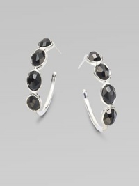 Four rich, faceted black onyx stones set in sterling silver on a sleek hoop style. Black onyxSterling silverLength, about 1Post backImported Four rich, faceted black onyx stones set in sterling silver on a sleek hoop style. Black onyxSterling silverLength, about 1Post backImported