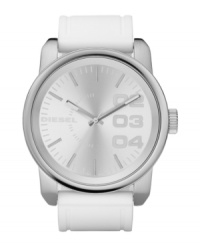 Be bold...you know you want to. Oversized and contemporary watch by Diesel crafted of white silicone strap and round stainless steel case, 24mm. Silver sunray dial features numerals at two, three and four o'clock, stick indices, minute track, luminous hands and logo. Quartz movement. Water resistant to 100 meters. Two-year limited warranty. Be bold...you know you want to. Oversized and contemporary watch by Diesel crafted of white silicone strap and round stainless steel case, 24mm. Silver sunray dial features numerals at two, three and four o'clock, stick indices, minute track, luminous hands and logo. Quartz movement. Water resistant to 100 meters. Two-year limited warranty.