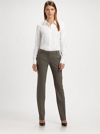 Attention to fit is key in this impeccably-tailored straight-leg silhouette, crafted from lightest wool crepe with just a hint of stretch.Tab-front waistBelt loopsZip-flyFlat frontSlash pocketsBack welt pocketsRise, about 8Inseam, about 3096% wool/4% elastaneDry cleanImported of Italian fabricModel shown is 5'11 (180cm) wearing US size 4. Attention to fit is key in this impeccably-tailored straight-leg silhouette, crafted from lightest wool crepe with just a hint of stretch.Tab-front waistBelt loopsZip-flyFlat frontSlash pocketsBack welt pocketsRise, about 8Inseam, about 3096% wool/4% elastaneDry cleanImported of Italian fabricModel shown is 5'11 (180cm) wearing US size 4.